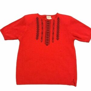Vintage Sweater Embroidered Collar Red Sz Med
